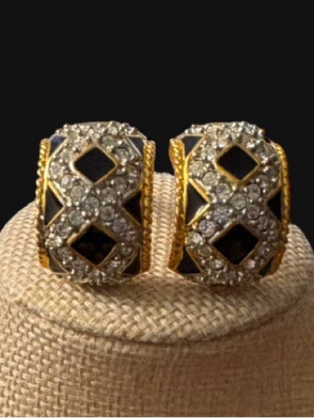 Vintage Black Enamel and Crystal Clip On Earrings
